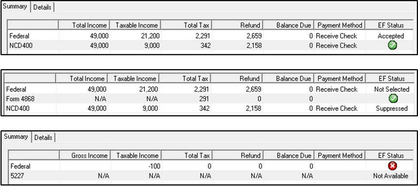 Image of calculation window showing EF status types. 